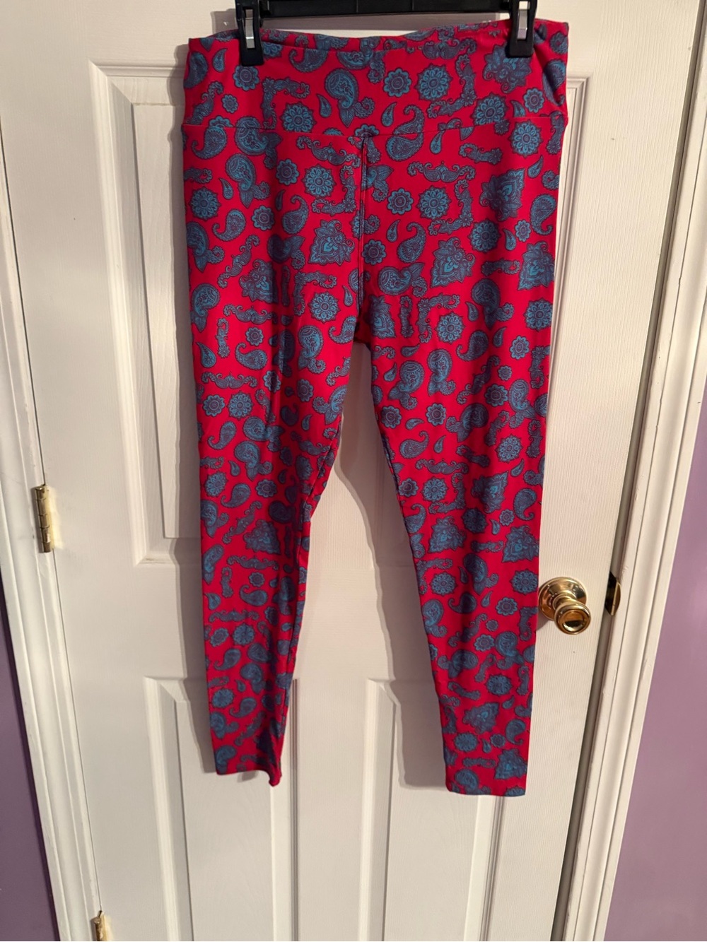 LuLaRoe Red Leggings with Blue Paisley Print